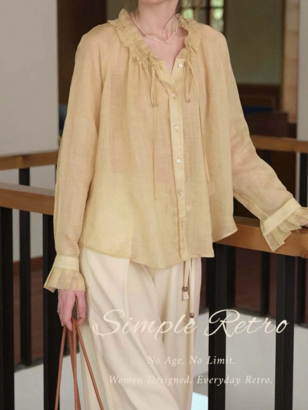 Brand new Light Yellow Ruffled Collar Button-Front Women's Top